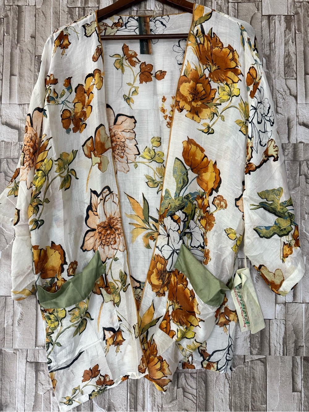 Aratta Silent Journey Ivory Kimono with Mustard Floral Print and Sage Pockets